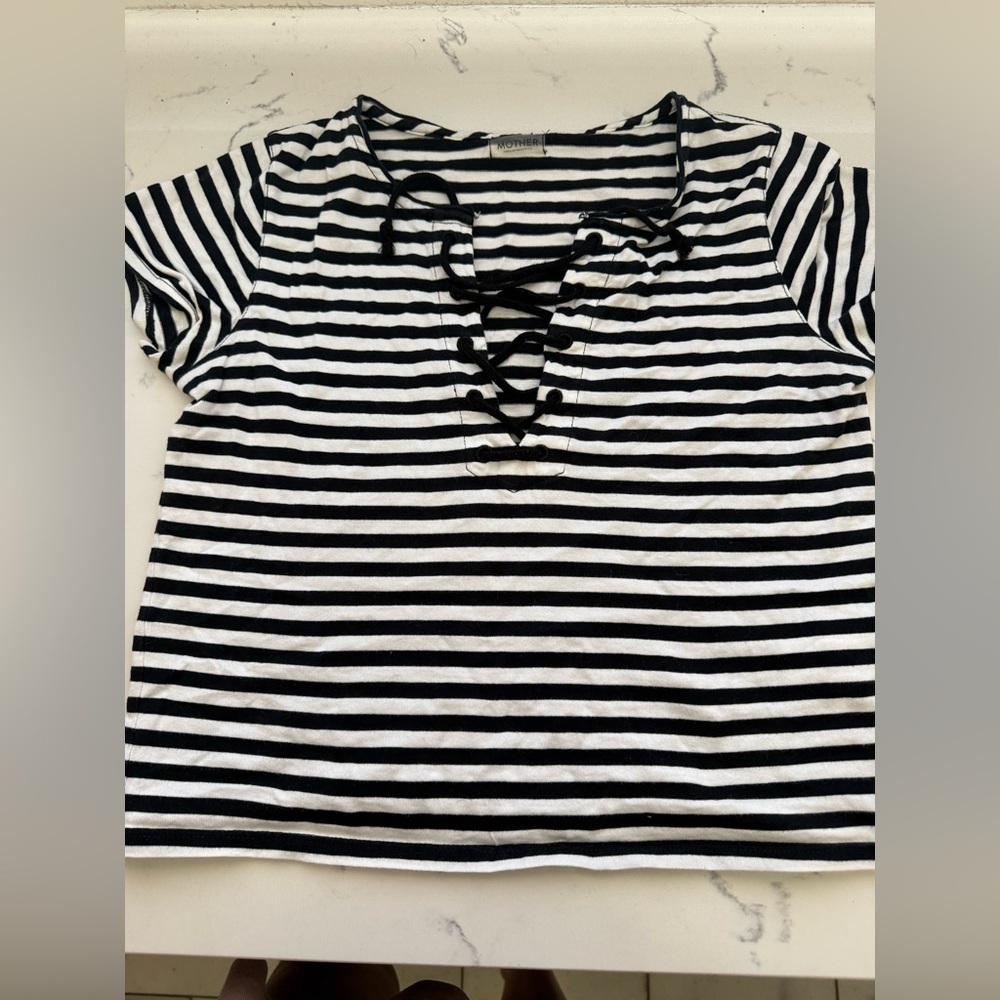 MOTHER Black and White Striped Lace-Up Tee
